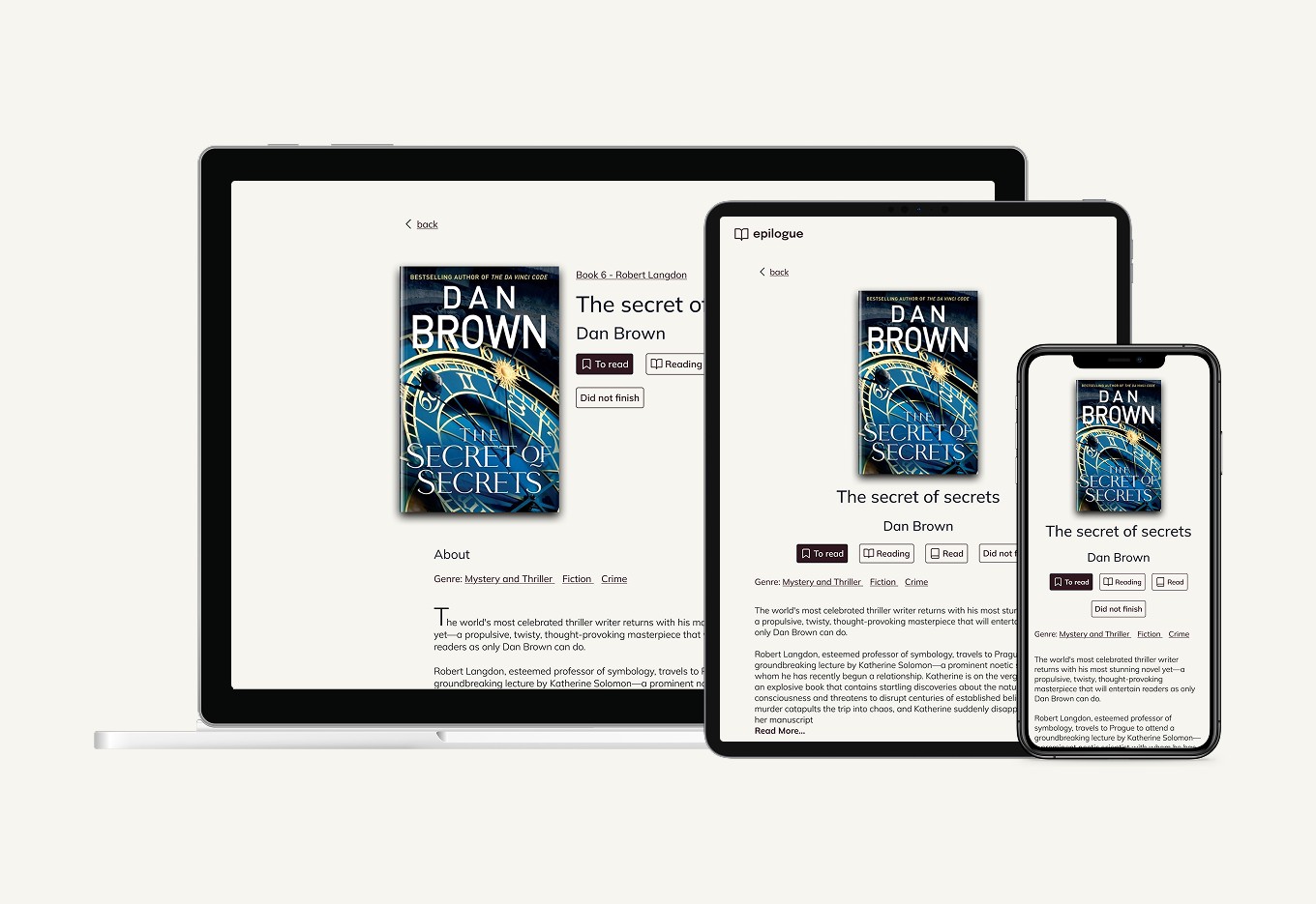 Epilogue book page for The Secret of Secrets shown on a laptop, tablet and phone