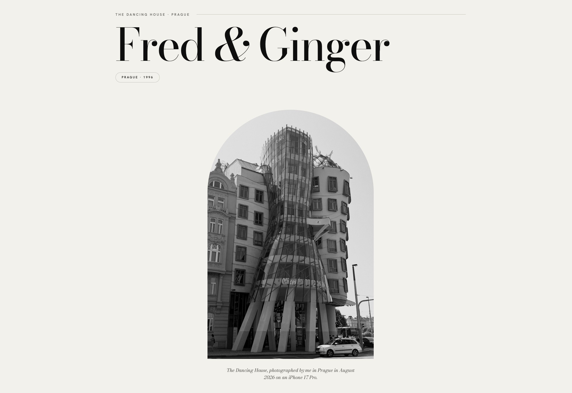 Fred & Ginger site: the title over a black-and-white photo of the Dancing House in Prague, framed in an arch