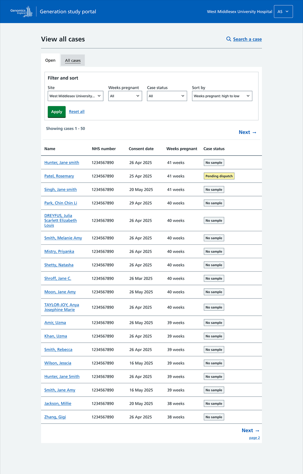 Generation Study portal: View all cases, with filters and a list of cases by weeks pregnant and case status