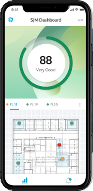 Monitair dashboard on a phone showing an air quality score of 88, Very Good, with a floor plan